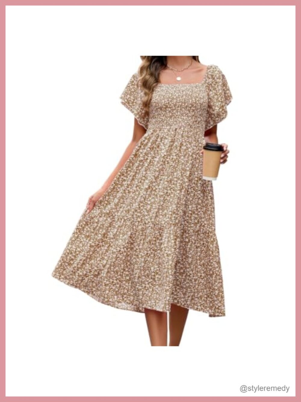 Women's Floral Midi Dress Short Sleeve Square Neck Smocked Boho Beach Vacation